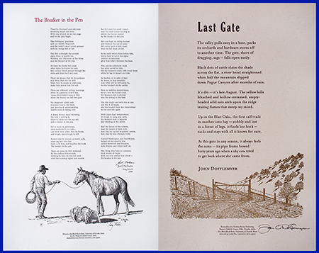 Two poems with a gate drawing and an illustration of a horse and cowboy.