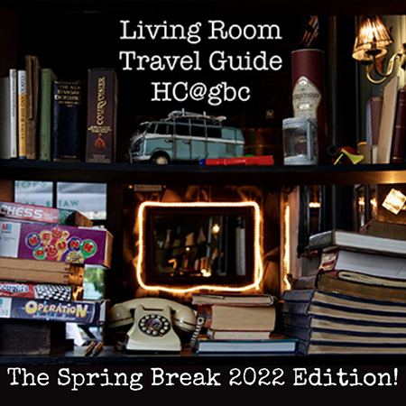 Living Room Travel Guide, bookshelf with books, games, telephone, and other items graphic.